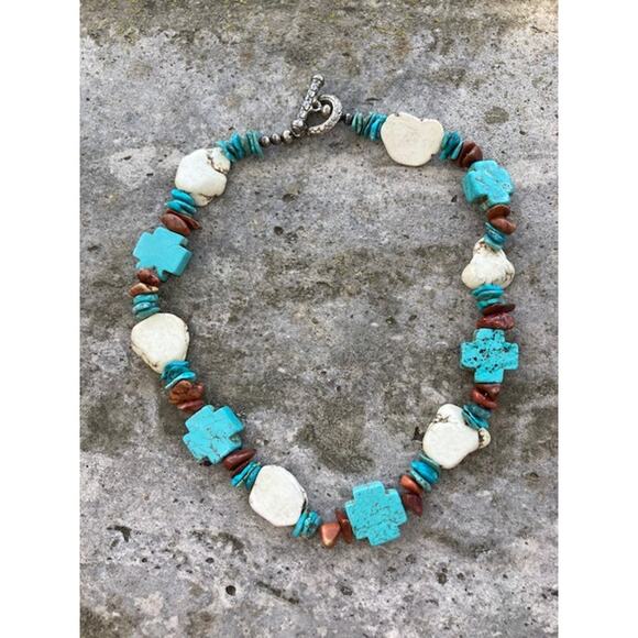 SALE. Handmade Southwestern Turquoise & Cream Statement Necklace - Picture 1 of 5